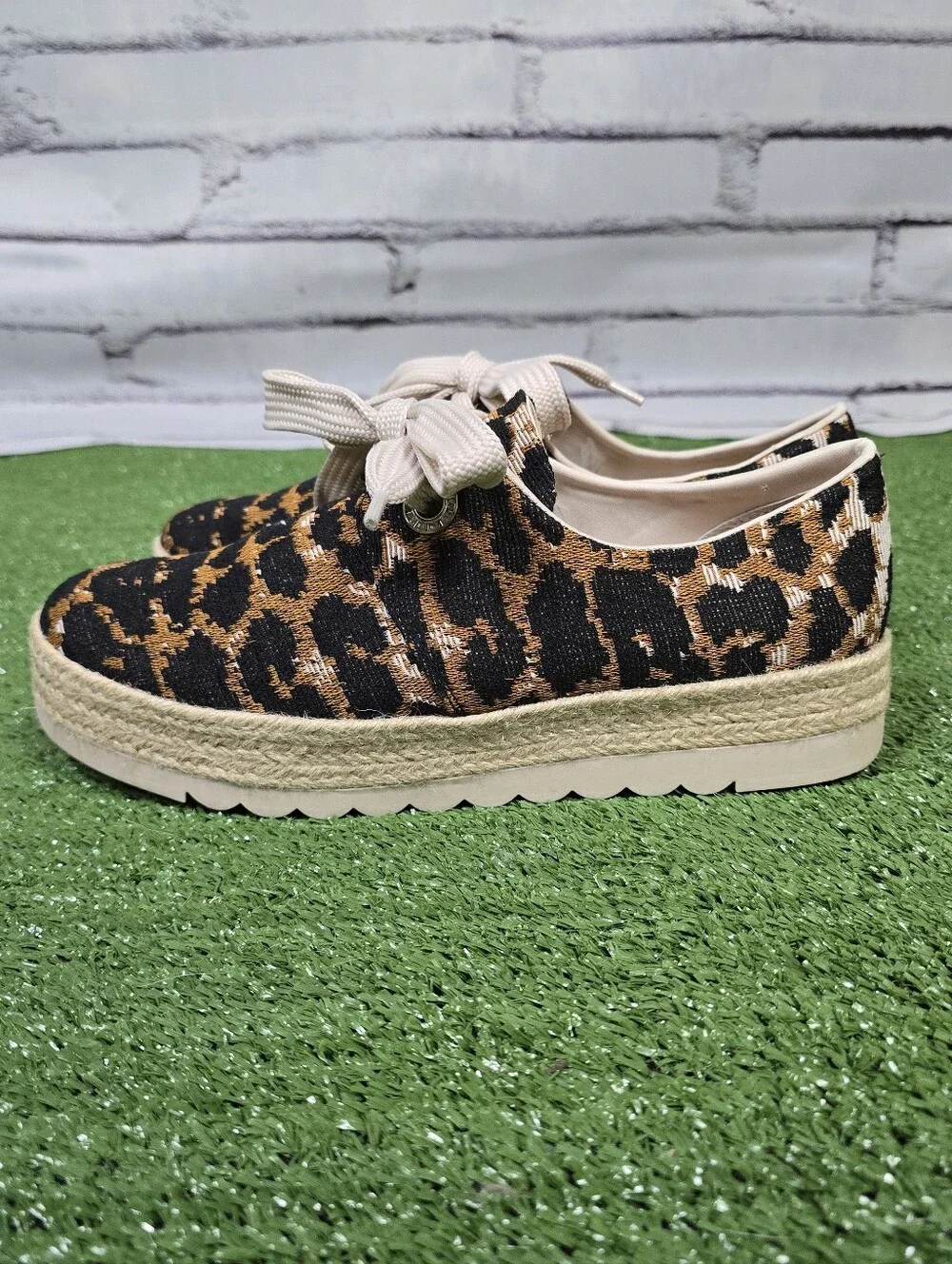 Crown & Ivy Dolly Espadrille Stacked Sole Leopard Woven Canvas Shoes Size 9
